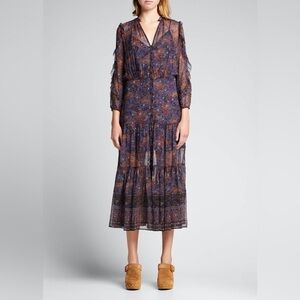 Veronica Beard || Sabina Silk Ruffle Midi Dress Floral Ruffle Fall Navy 2